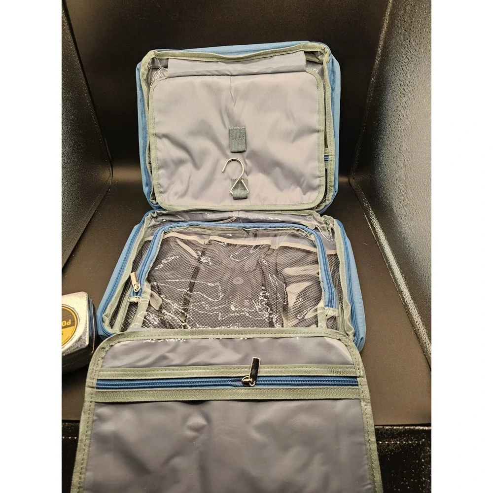 LOULU Hanging Travel Toiletry Bag Organizer Light Blue Canvas Cosmetic Case